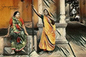 local women wearing sari storytelling at Haveli temple in Jaipur heritage walk